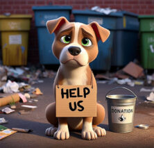 Cartoon dog with a sign around it's collar that says "Help Us"