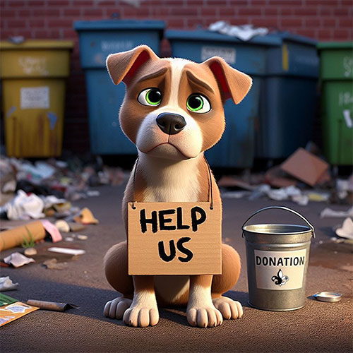 Cartoon dog with a sign around it's collar that says "Help Us"