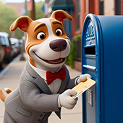 cartoon dog dropping off mail in a mailbox