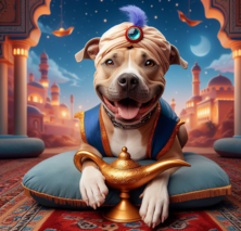 An artistic rendering of a dog dressed like a genie with its paws on a genie lamp.
